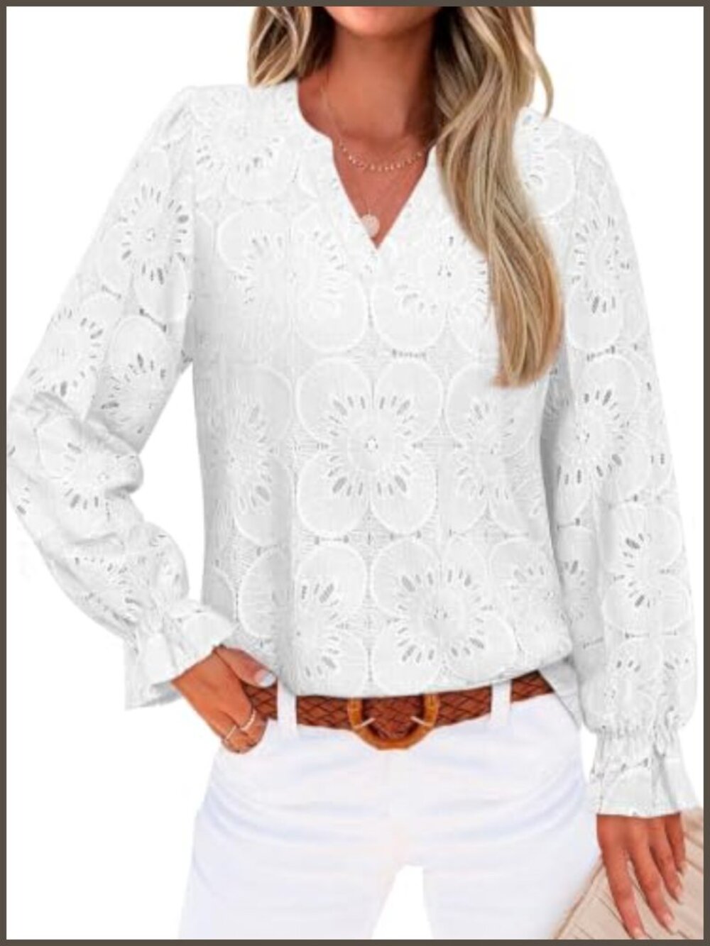 Womens V Neck Eyelet Lace Blouse Long Sleeve Lined Tunic Top Office Casual